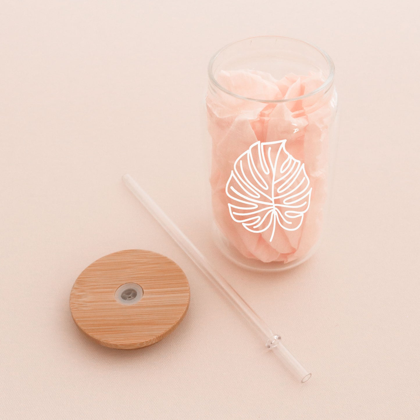 Palm Leaf Glass Can with Bamboo Lid & Straw