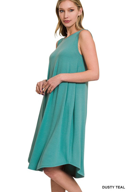 SLEEVELESS ROUND NECK ROUND HEM MIDI DRESS