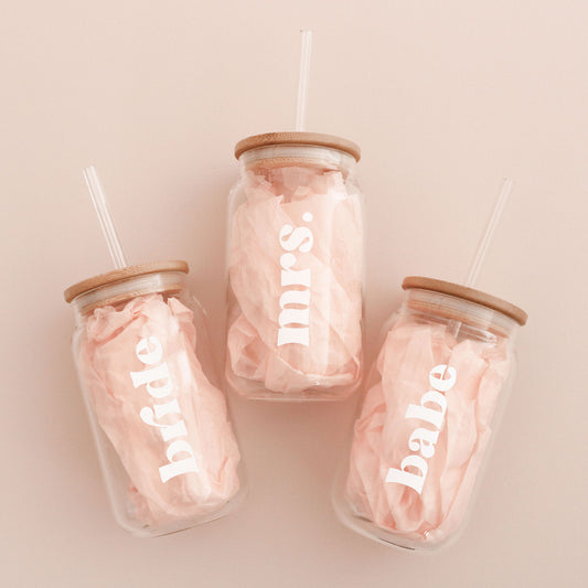 Bride/Babe/Mrs. Glass Can Tumbler with Bamboo Lid & Straw