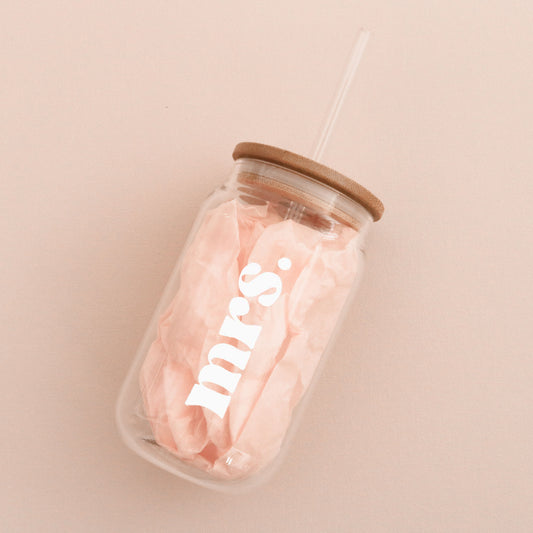 Bride/Babe/Mrs. Glass Can Tumbler with Bamboo Lid & Straw