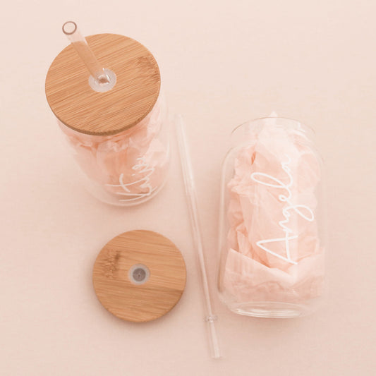 Personalized Glass Can with Bamboo lid & straw