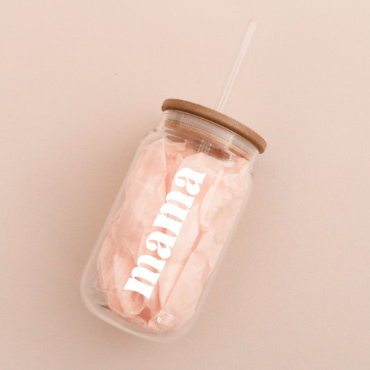 Mama/Mom Glass Can Tumbler with Bamboo Lid & Straw