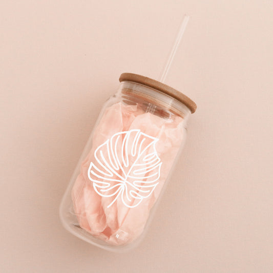 Palm Leaf Glass Can with Bamboo Lid & Straw