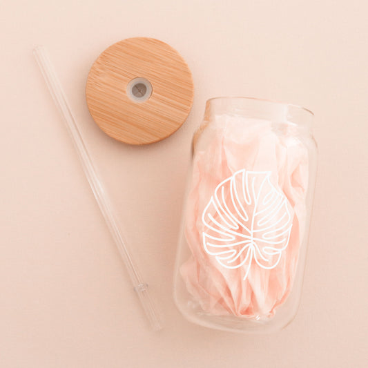 Palm Leaf Glass Can with Bamboo Lid & Straw